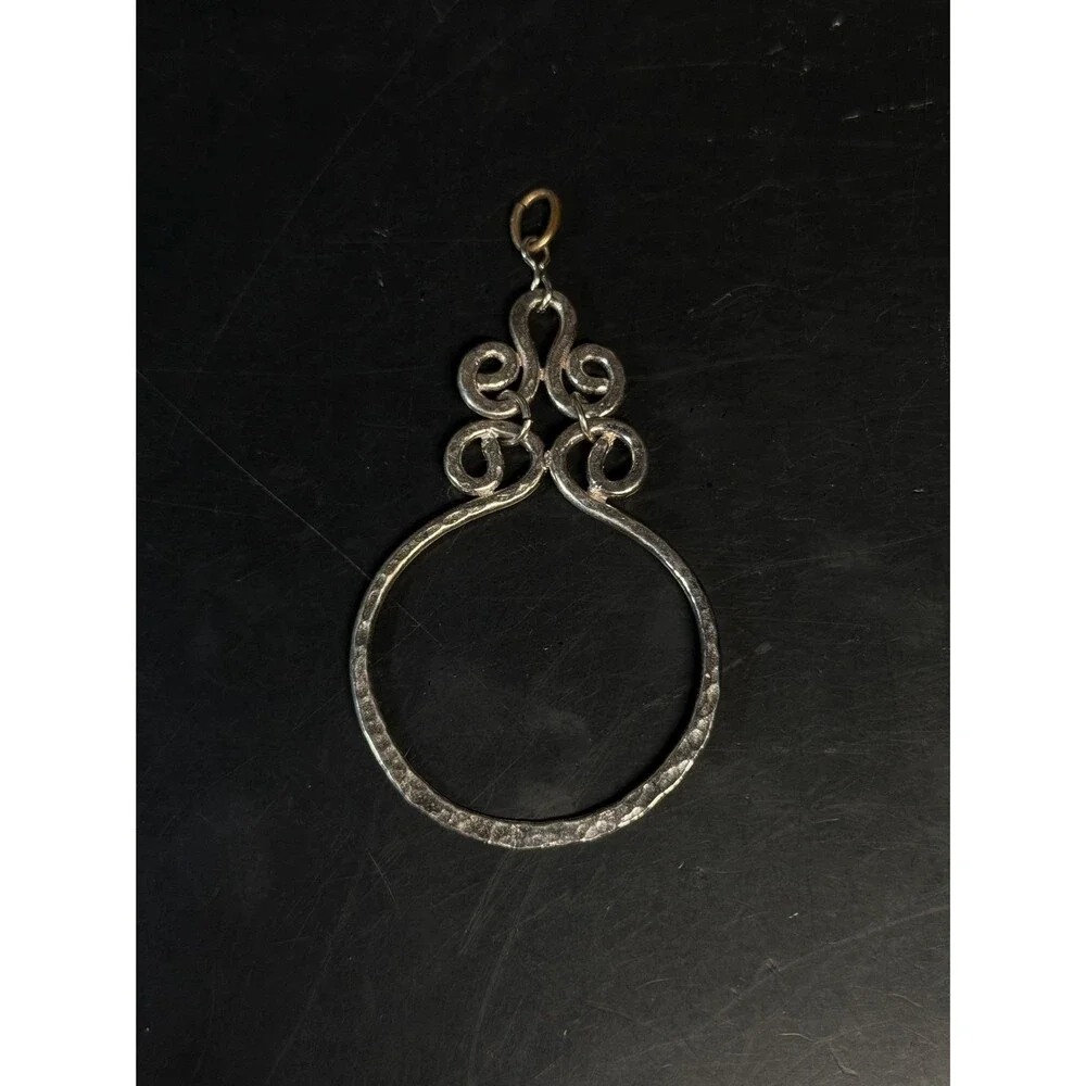 Silver Tone Hammered Open Hoop Scroll Pendant Large Boho Drop
